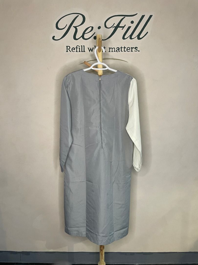 VERVE Multi-Color Diagonal Block Dress (Category: Dresses) located in Taguig. Submitted by re.wear.mnl (Listing ID 1468007538, Image 2). Description: - Brand: VERVE - Style: Diagonal color block midi dress (White, Light Grey, Dark Grey) - Sleeves: Long sleeves with gathered elastic cuffs - Neckline & Closure: Round neckline with convenient back zipper - Fabric: Lightweight and breathable woven material - Quality: Impeccable clean finish inside an