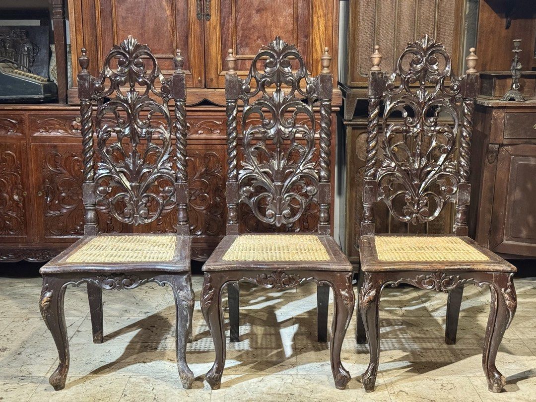 Vintage 3pcs Narra Nuguid Dining Chairs (Category: Vintage Collectibles) located in Manila. Submitted by sinaunang_gamit (Listing ID 1467980019, Image 1). Description: Vintage 3pcs Narra Nuguid Dining Chairs Height: 47 inches Length: 20 inches Width: 17 inches ₱10k for 3pcs.