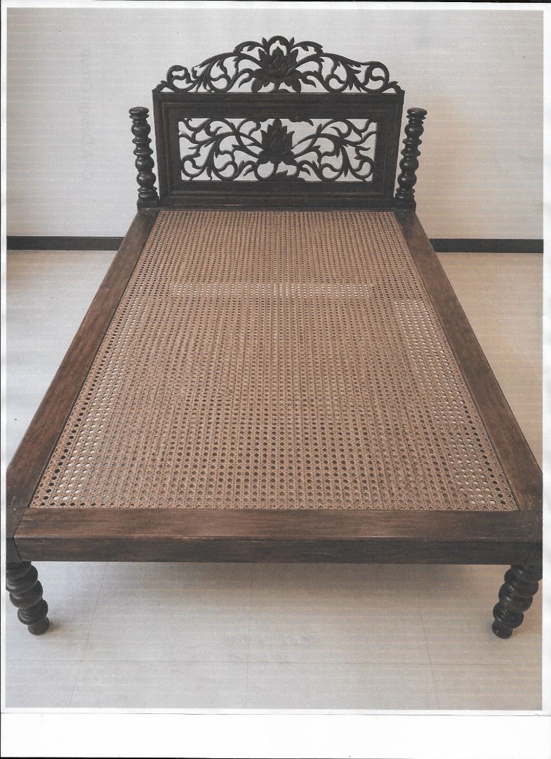 VINTAGE BED WITH SOLIHIYA (Category: Bed Frames & Mattresses) located in Makati City. Submitted by furrowpublishinghouse (Listing ID 1467899248, Image 1). Description: VINTAGE BED WITH SOLIHIYA Specifications: - Rectangular shape with 2 posts - Original solihiya without broken/torn weaves - Provenance: Batangas City 100 years ++ Dimensions: - L: 7.7' +- - W: 4.0' +- Wooden parts: kamagong Signs of wear & tear due to age, but still in good conditi