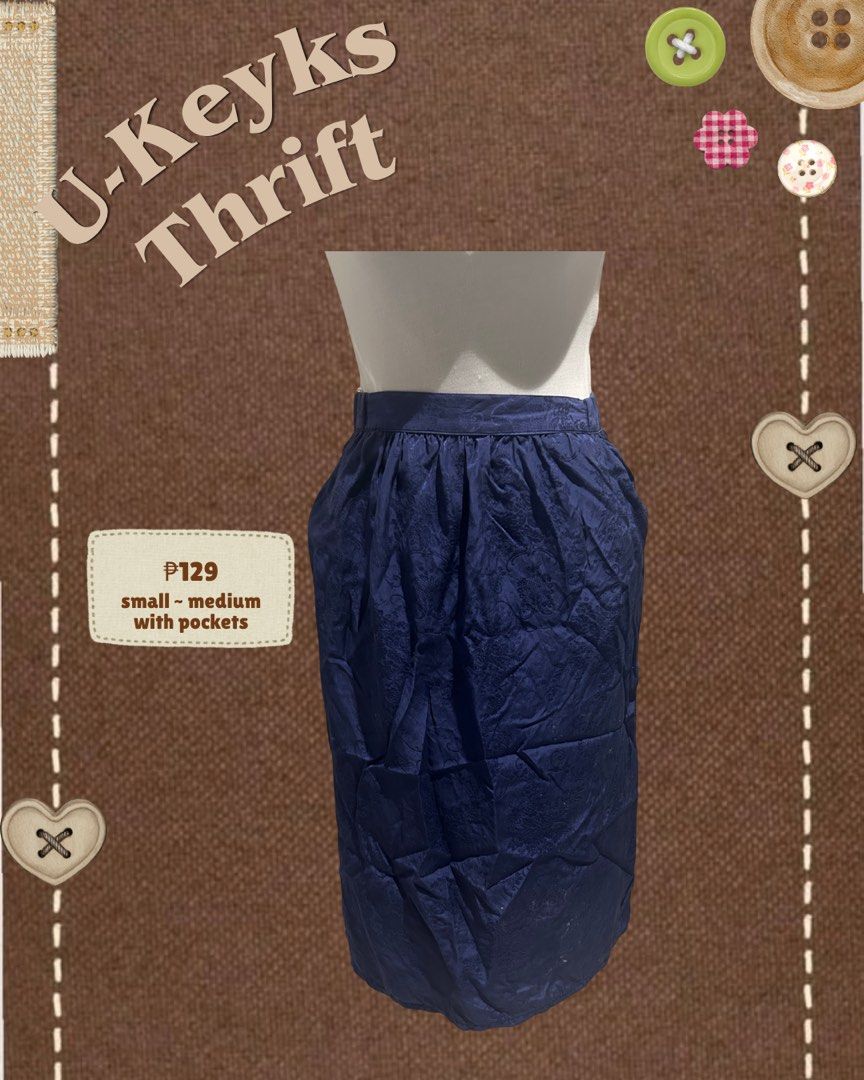 Vintage Blue Skirt Small Medium with Pockets (Category: Skirts) located in Cavite. Submitted by ukeyks (Listing ID 1467976743, Image 1). Description: - Color & Pattern: Deep blue with a subtle woven design - Fit: Comfortable fit for small to medium frames - Design: Structured waistband and nice flared pleats .