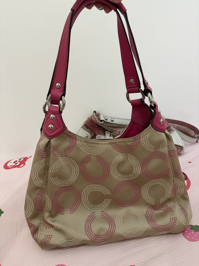 vintage coach small madison maggie (Category: Luxury Bags & Wallets) located in Pila. Submitted by raydltre (Listing ID 1467954702, Image 2). Description: - Brand: Coach - Model: Small Madison Maggie - Color: Khaki / Beige with Pink Dotted C Print & Hot Pink Leather Trim - Hardware: Silver-tone - Design: Shoulder bag with multiple spacious compartments and secure zip/snap closures - Condition: Excellent vintage condition, well-maintained - Perfec