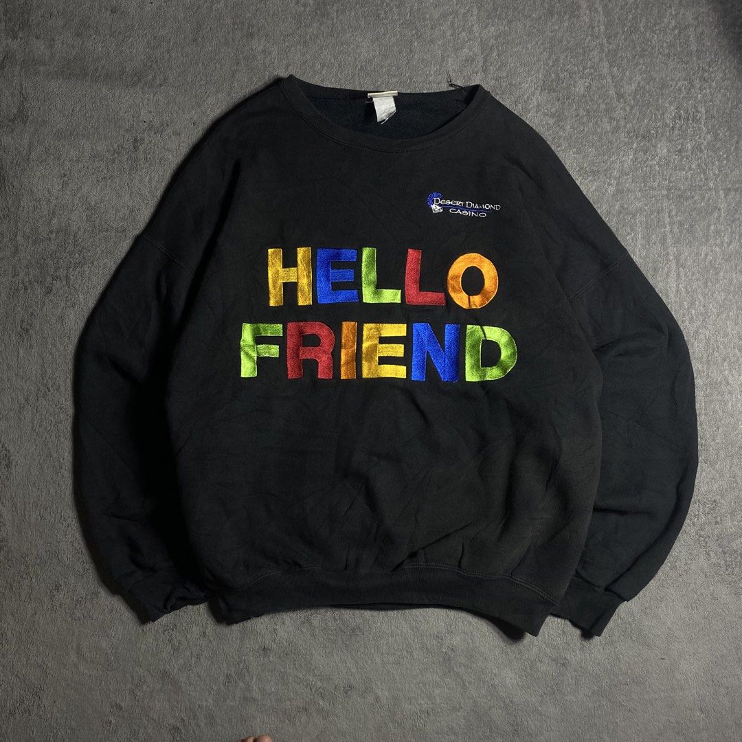 Vintagev Lee Embroidered Black Sweatshirt (Category: Coats, Jackets and Outerwear) located in Manila. Submitted by thrifturfit_star (Listing ID 1467845028, Image 1). Description: - Color: Black - Style: Crewneck sweatshirt with relaxed fit - Details: Multicolored embroidered ' Friend' lettering on chest - Branding: Small Desert Diamond Casino logo near left collar - Material/Condition: Cotton fleece with normal signs of pre-owned wear - Features: