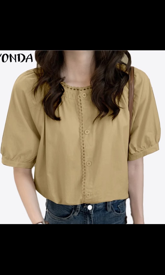 Vonda Brown Puff Sleeve Top (Category: Blouses) located in Marikina City. Submitted by visionfinds (Listing ID 1468021709, Image 2). Description: Brand New w Tag Needs ironing. Fits M-L.