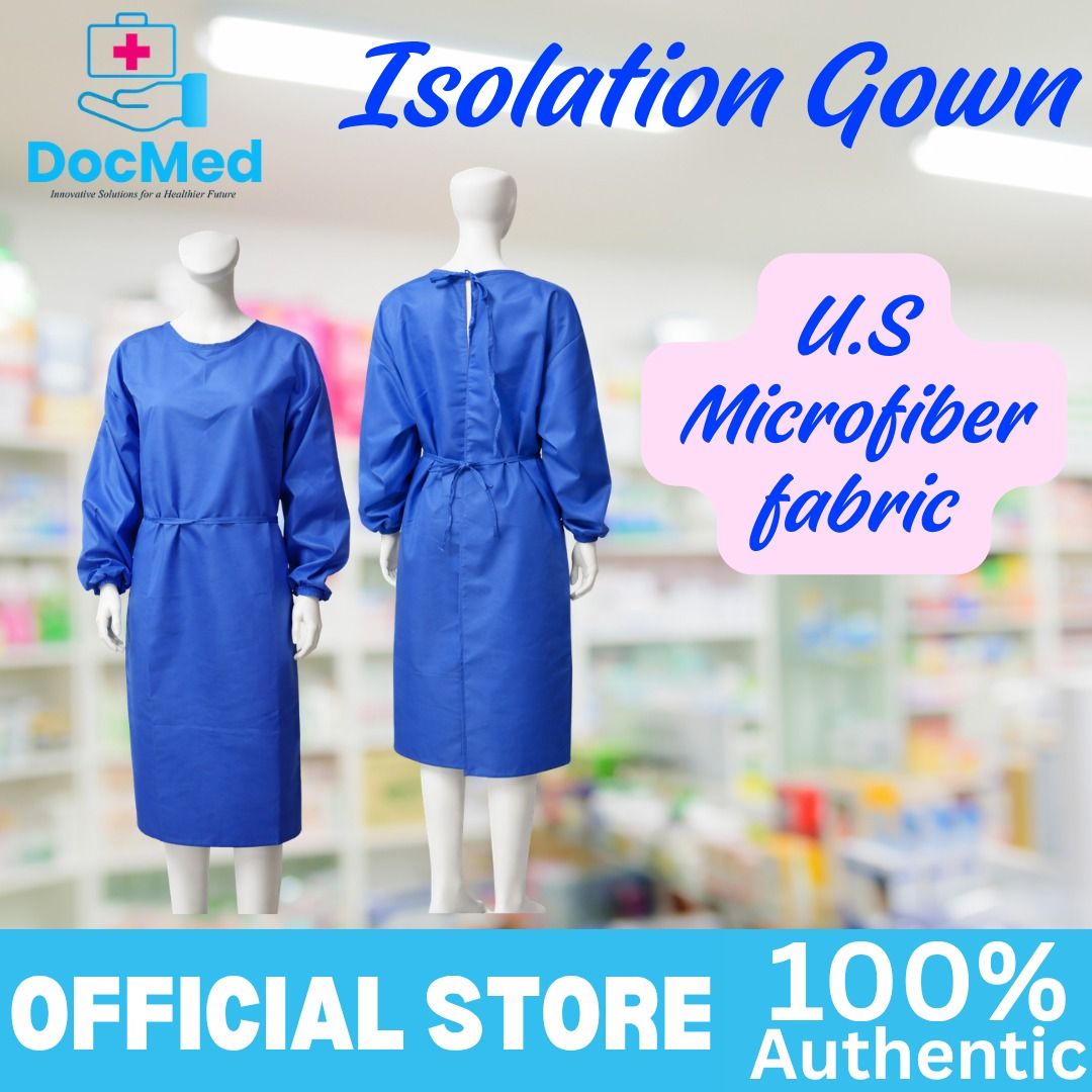 WASHABLE ISOLATION GOWN (Category: Medical Supplies & Tools) located in Quezon City. Submitted by staffmarke01383 (Listing ID 1467901823, Image 2). Description: Size: XL (free size) Fit for 5'0 to 5'7 height Material: U.S MICROFIBER FABRIC Thread Count: 48*48 Density: 120*80 Color: Royal Blue, Powder Blue, White, Emerald Green Design: Elasticated cuff, Open Back, Tie on waist and neck Water repellent.