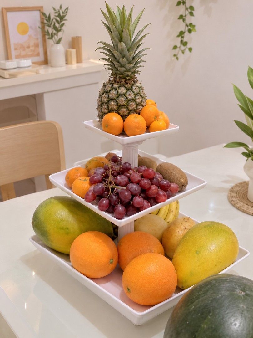White 3-Tier Fruit Stand Display Organizer (Category: Shelves, Cabinets & Racks) located in Taguig. Submitted by apzdeclutter (Listing ID 1468028223, Image 1). Description: - Color: Clean White - Design: 3-tier square trays with sturdy pillar supports - Material: Durable and easy-to-clean build - Capacity: Holds plenty of fresh fruits and produce - Ideal for: Kitchen countertops, dining tables, and pantry organization.