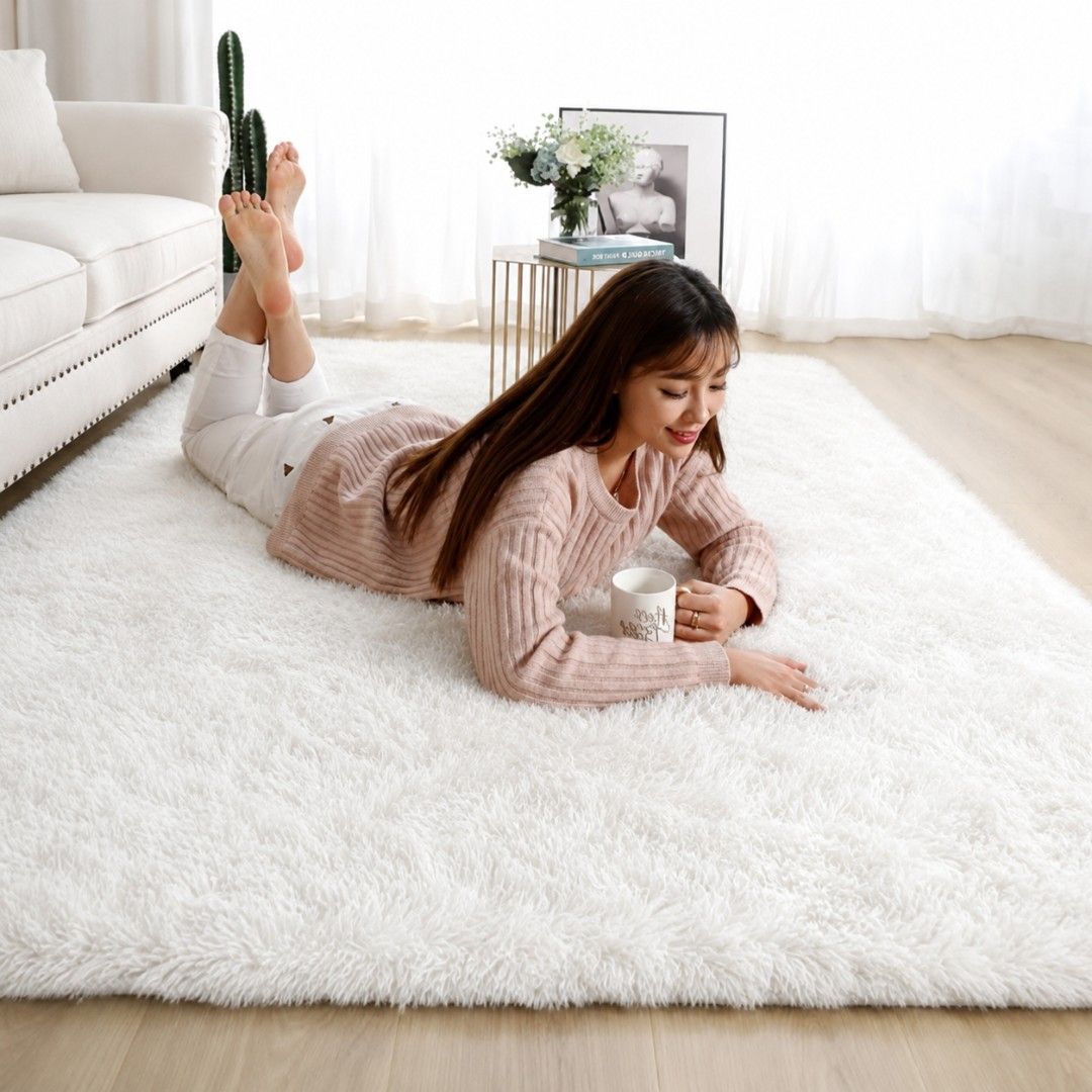 White carpet (Category: Carpets, Mats & Flooring) located in Taguig. Submitted by apzdeclutter (Listing ID 1468029625, Image 1). Description: - Super soft and thick fluffy pile - Clean solid white color matches any decor - Adds a cozy vibe to living rooms or bedrooms - Easy to lay out on hardwood floors - Perfect for a quick room makeover.