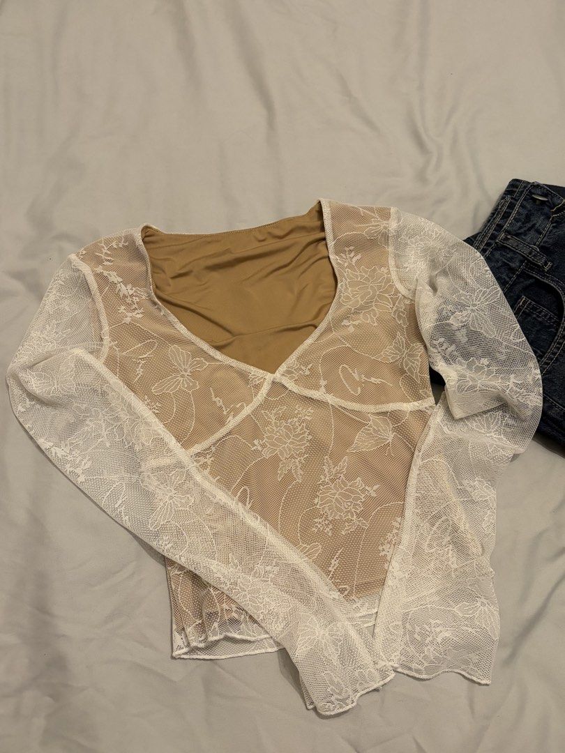 White lace long sleeve sheer top (Category: Longsleeves) located in Manila. Submitted by kim_hansu (Listing ID 1468056116, Image 3). Description: fixed price minsanan lang nagamit.