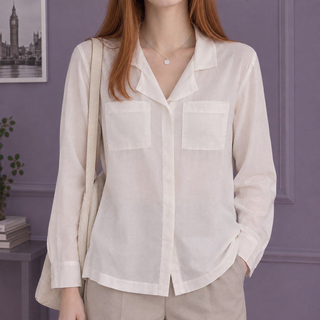 White long-sleeve blouse with front pockets design (Category: Longsleeves) located in Daraga. Submitted by nanasnonsense (Listing ID 1468019225, Image 1). Description: Medium on tag but can fit small to medium body frame PROMO! BUY 9 FOR 500 + GET 1 FREE - applicable for PHP 79 tops and/or dresses from my listings - choose free item from free pile Items are all preloved or thrifted so please manage your expectations. Thank you! .