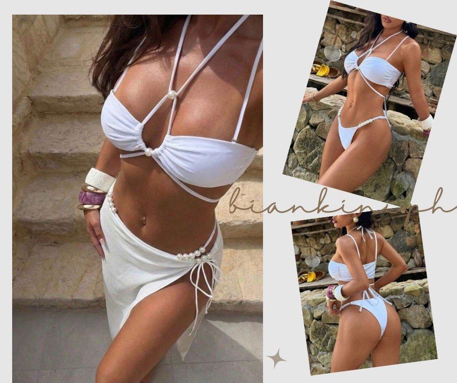 White Pearl Strappy Bikini Set with Sarong (Category: Bikinis & Swimsuits) located in Las Pinas. Submitted by kathybianca (Listing ID 1467882770, Image 1). Description: - Set includes: Strappy halter top, matching bottom, and side-slit sarong wrap - Color: Solid white - Details: Elegant pearl bead accents on the straps and waistline - Fit: Adjustable ties at the back and side - Condition: Brand new - Perfect for beach trips, vacations, and poolsi