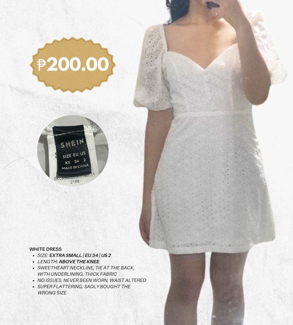 White Sweetheart Dress (Category: Dresses) located in Quezon City. Submitted by cessysells (Listing ID 1467916827, Image 1). Description: WHITE DRESS Size: Extra Small| EU 34 | US 2 Length: Above the knee Sweetheart Neckline, Tie at the back, thick with underlining fabric Condition: No issues, never been worn, waist altered Super flattering (my fave) but sadly it's my wrong size #decluttering.