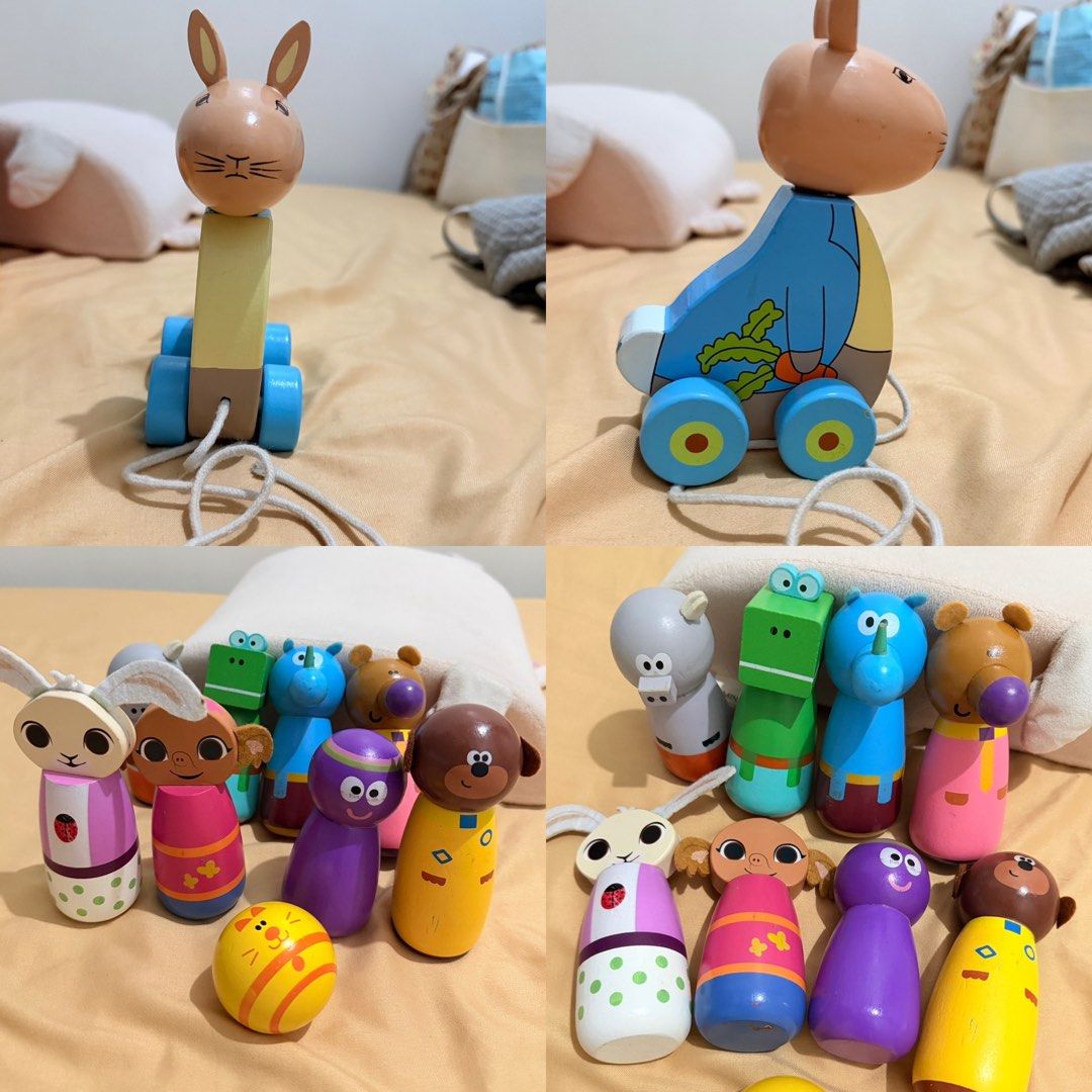 Wooden toys bundle (Category: Educational & Learning Toys) located in Pasig City. Submitted by _goodfindsph (Listing ID 1467921123, Image 1). Description: Hey duggee skittles set Peter Rabbit Pull Along toy 🚚Ships from Pasig .