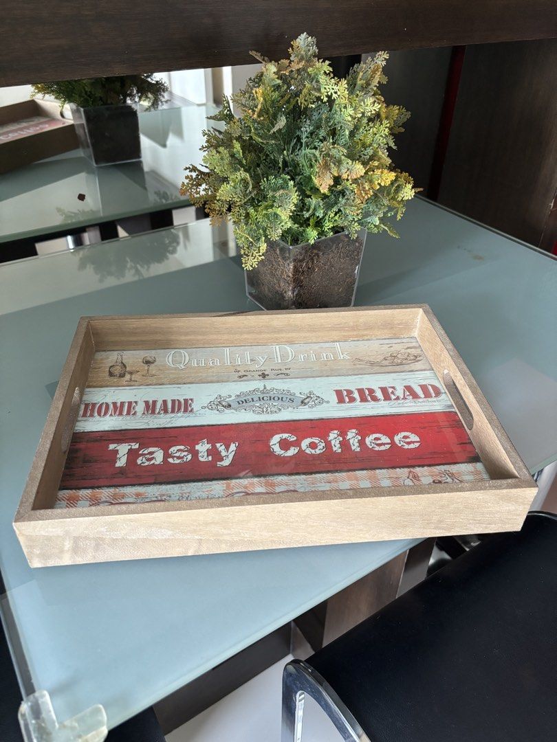 Wooden tray (Category: Other Kitchenware & Tableware) located in Quezon City. Submitted by saveproject (Listing ID 1467851952, Image 1). Description: vintage-style rectangular wooden serving tray featuring a kitchen-themed retro print. commonly used for serving breakfast in bed, coffee, or as a decoration on tables..