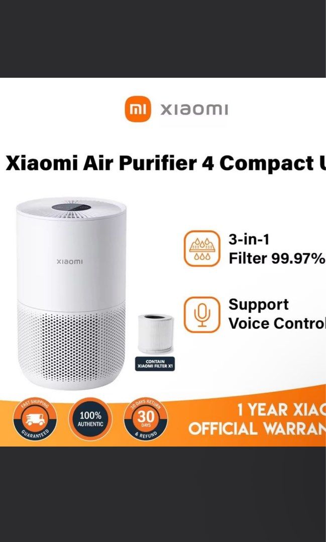 Xiaomi Air Purifier 4 Compact US (Category: Air Purifiers & Dehumidifiers) located in Paranaque City. Submitted by davintee (Listing ID 1467997000, Image 2). Description: - Model: Xiaomi Air Purifier 4 Compact (US Version) - Design: White cylindrical body, space-saving footprint ideal for desks and floors - Filtration: 3-in-1 filter captures 99.97% of airborne particles - Smart Features: Supports voice control for easy operation - Best For: Keepi