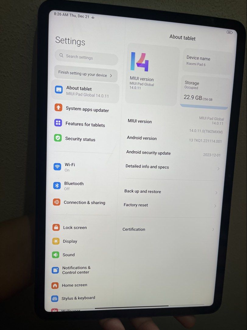 Xiaomi Pad 6 (Category: Android) located in Manila. Submitted by sea.jay (Listing ID 1467983824, Image 2). Description: - Brand/Model: Xiaomi Pad 6 - Color: Sleek Silver - Storage: 8GB / 256GB - Software: MIUI Pad Global 14.0.11 - Condition: Very Good, No Issues - Delivery/Meetups: Meetups available at SM Megamall, SM Makati, Cubao, SM Mall of Asia, SM Bacoor, and SM Dasmariñas. Shipping via LBC or Lalamove also supported..
