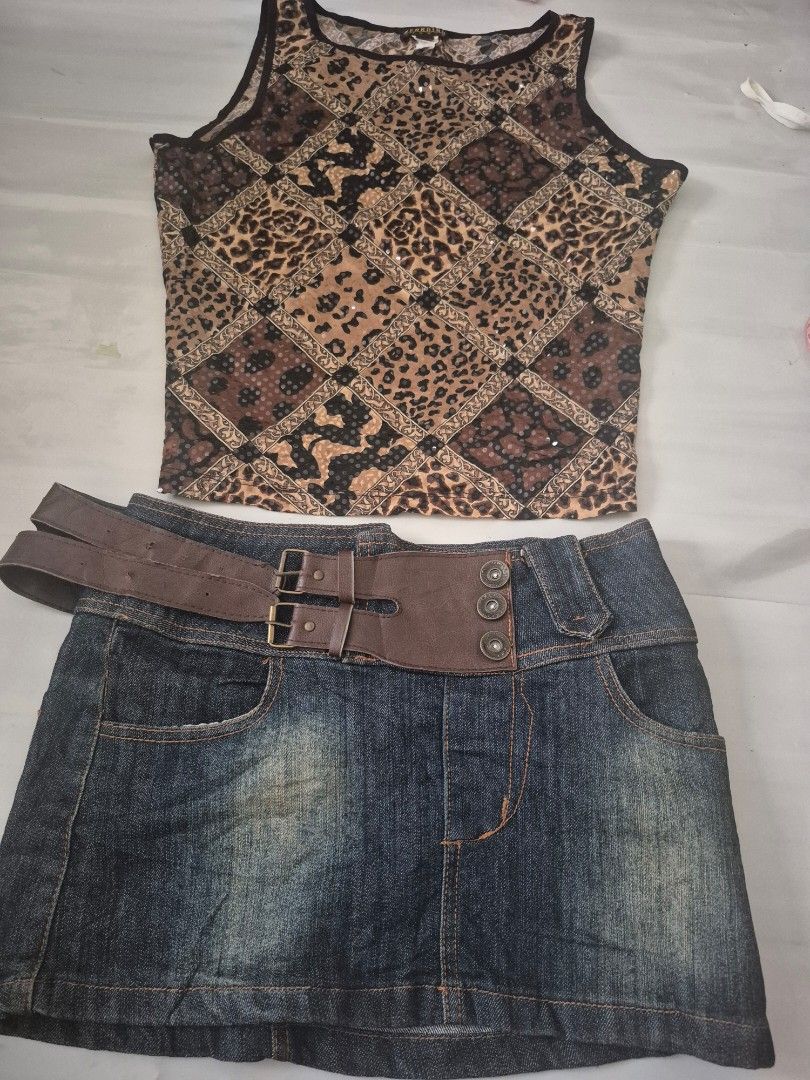 Y2k Animal Print Scale Sequins Top & Dark Washed Denim Mini skirt Set (Category: Skirts) located in Calamba. Submitted by bb.lace (Listing ID 1467611241, Image 1). Description: flaw: signs of usage on leather belt skirt design no issue on top 250 ea set - P420.