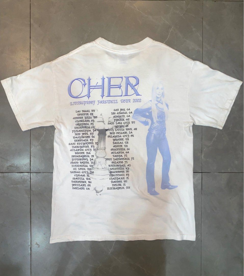 Y2K CHER CONCERT TEE (Category: Tshirts & Polo Shirts ) located in Cainta. Submitted by ccrue (Listing ID 1467993761, Image 2). Description: Vintage 2002 Cher Living Proof Farewell Tour Shirt M&O knits tag 20x26 Excellent condition Php 1299 Cainta Location.