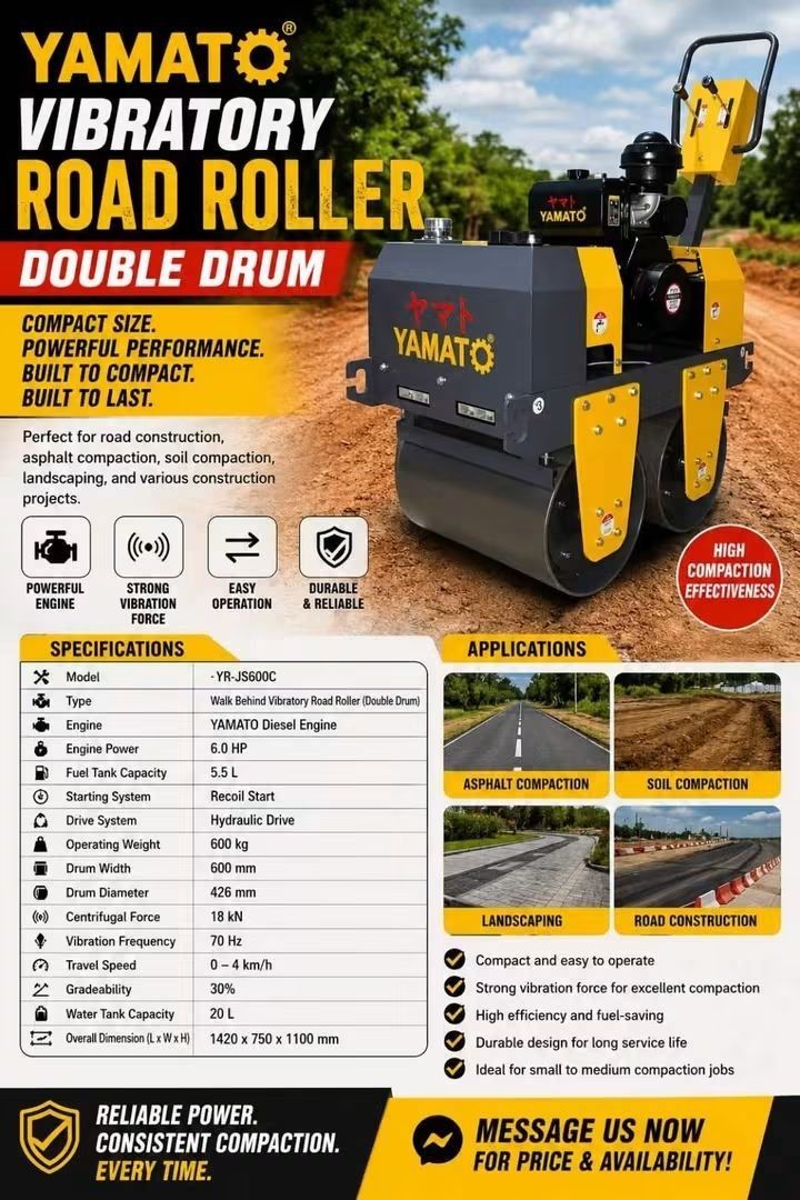 YAMATO WALK BEHIND VIBRATOR MINI PISON (Category: Announcements) located in Manila. Submitted by ivan2.0 (Listing ID 1467847030, Image 1). Description: YAMATO WALK BEHIND VIBRATORY MINI PISON DOUBLE DRUM / 600KG DIESEL ENGINE 12HP PRODUCT MODEL: 600 RATED POWER: 12HP WALKING SPEED: 400/min DRIVE WAY: STATIC HYDRAULIC WALK WAY: TWO WAY STEEL WHEEL SIZE: 400 X 600MM VIBRATION FREQUENCY: 70HZ VIBRATION FORCE: 20KN CLIMBING ABILITY: 30% ENGINE SPECS 