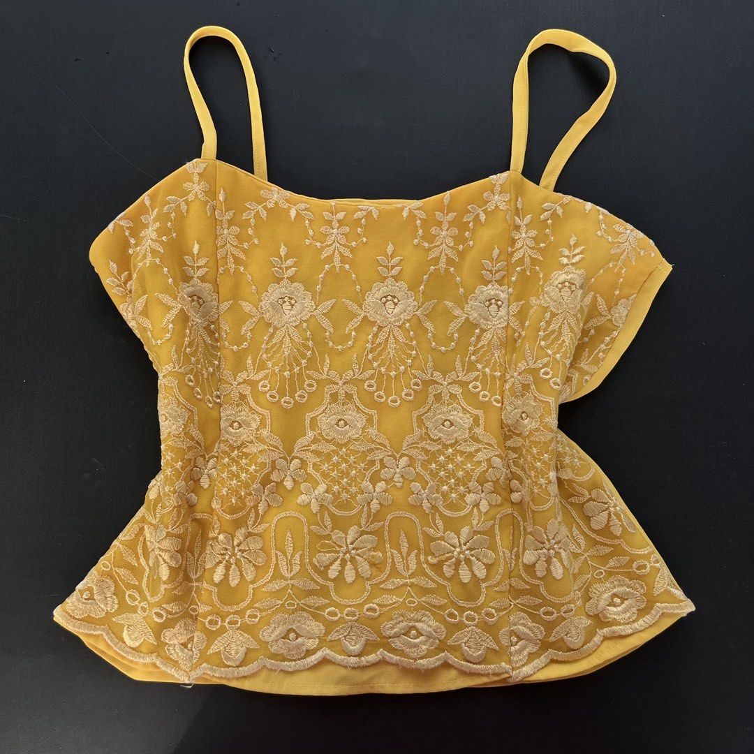 Yellow Embroidered Camisole Top | Size S–M (Category: Sleeveless) located in Surigao. Submitted by rynryngoaway (Listing ID 1467860840, Image 1). Description: yellow camisole top with floral embroidery and button details at the back. perfect for a coquette, feminine, or vintage-inspired outfit!.