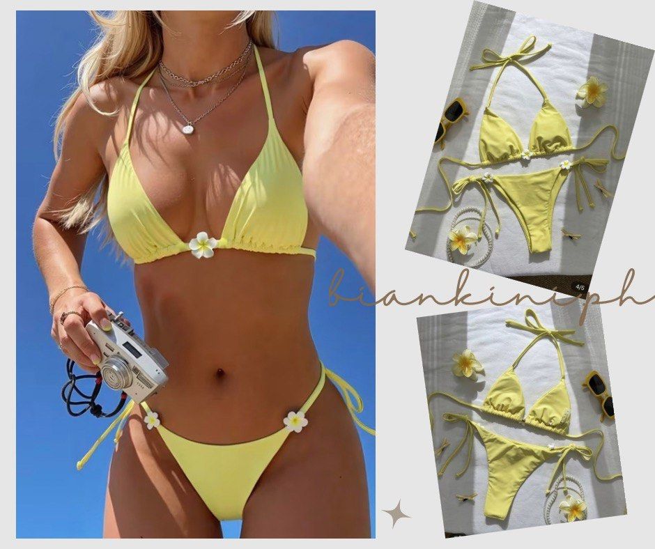 Yellow Floral String Bikini Set (Category: Bikinis & Swimsuits) located in Las Pinas. Submitted by kathybianca (Listing ID 1467884672, Image 1). Description: - Bright yellow bikini set with adorable white flower charms - Triangle halter top with adjustable strings for a custom fit - Matching tie-side bottoms for easy wear and adjustment - Super cute summer swim look ideal for beach days and pool hangs.