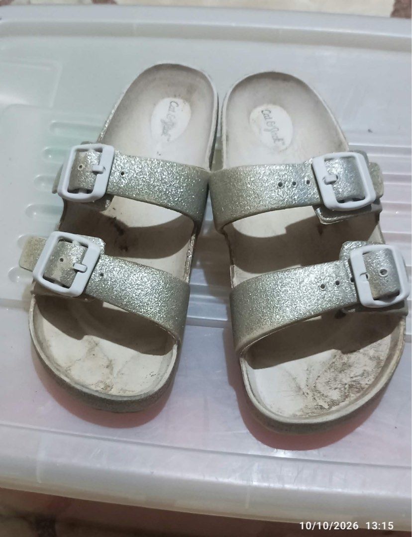 Youth Double - Buckle Slide Sandals (Category: Other Babies Going Out Needs) located in Taytay. Submitted by crisha14344 (Listing ID 1467887713, Image 1). Description: Brand: cat & Jack Size: 4 for 9-10 years old Fix price branded po yan Glittery gold color Marumi lang Kc naka-stock nalang Kita naman sa outsole na di gamit halos RFS:decluttering .
