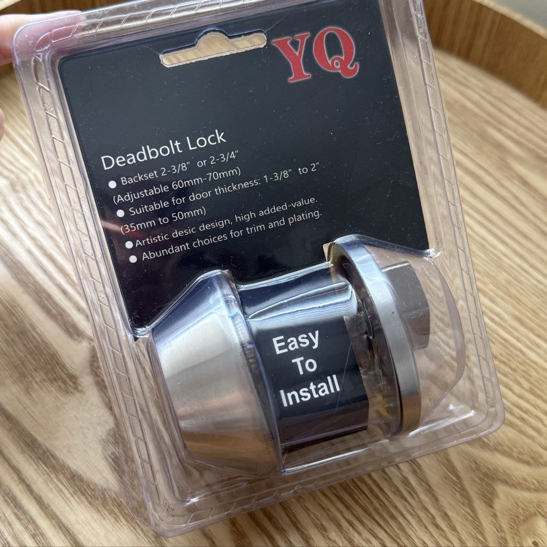 YQ Deadbolt Lock (Category: Locks, Doors & Gates) located in Marikina City. Submitted by lovegoeson (Listing ID 1467990541, Image 3). Description: YQ brand deadbolt lock in original blister packaging. Backset adjusts between 2-3/8 and 2-3/4 inches, fitting doors from 1-3/8 to 2 inches thick. Includes keys, latch, strike plate, and installation hardware. Easy DIY install..