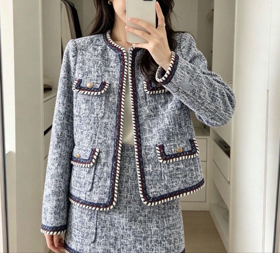 Zara Basic Blue Tweed Jacket Blazer Size S (Category: Coats, Jackets and Outerwear) located in Santa Rosa. Submitted by kv_declutter (Listing ID 1467935447, Image 1). Description: - Brand: Zara Basic - rfs decluttering, too much clothes - Measurements: Shoulder 36cm | Waist 45cm | Length 55cm | Sleeve 56cm - Condition: Excellent.