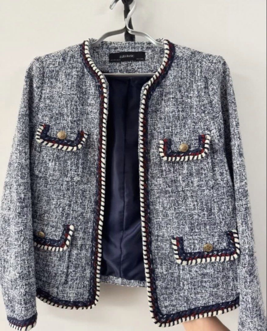 Zara Basic Blue Tweed Jacket Blazer Size S (Category: Coats, Jackets and Outerwear) located in Santa Rosa. Submitted by kv_declutter (Listing ID 1467935447, Image 2). Description: - Brand: Zara Basic - rfs decluttering, too much clothes - Measurements: Shoulder 36cm | Waist 45cm | Length 55cm | Sleeve 56cm - Condition: Excellent.