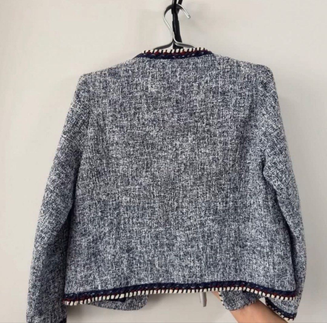 Zara Basic Blue Tweed Jacket Blazer Size S (Category: Coats, Jackets and Outerwear) located in Santa Rosa. Submitted by kv_declutter (Listing ID 1467935447, Image 3). Description: - Brand: Zara Basic - rfs decluttering, too much clothes - Measurements: Shoulder 36cm | Waist 45cm | Length 55cm | Sleeve 56cm - Condition: Excellent.