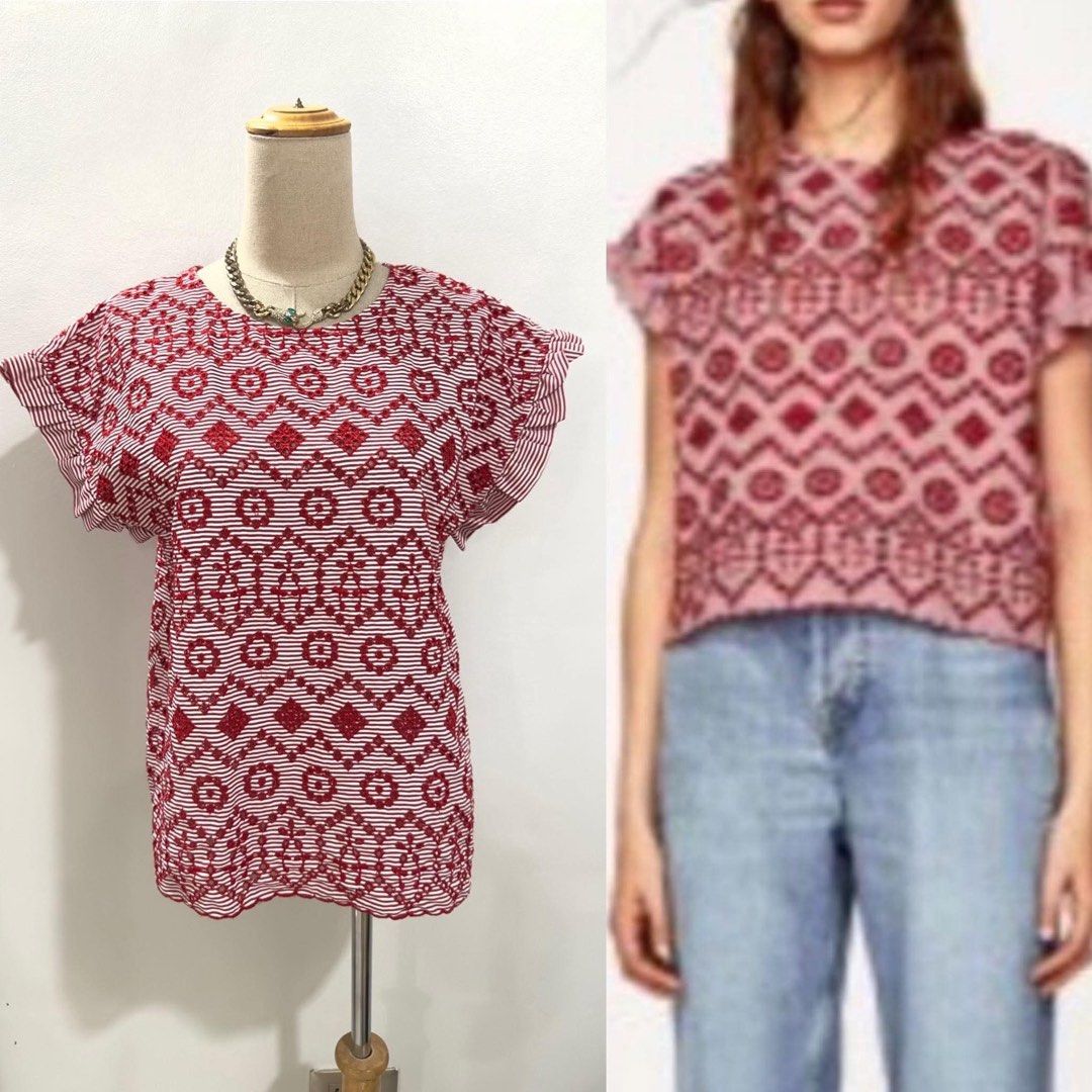 Zara Basic Collection Red White Pattern Blouse Size M (Category: Blouses) located in Bacolod City. Submitted by bhabissagal-05763 (Listing ID 1467873126, Image 2). Description: - Brand: Zara Basic Collection - Design: Red and white stripes with intricate patterned embroidery - Details: Round neckline, short ruffled sleeves, and scalloped hem - Size: EUR M, USA M, MEX 28 - Material: Lightweight and comfortable - Styling: Perfect for casual days ou