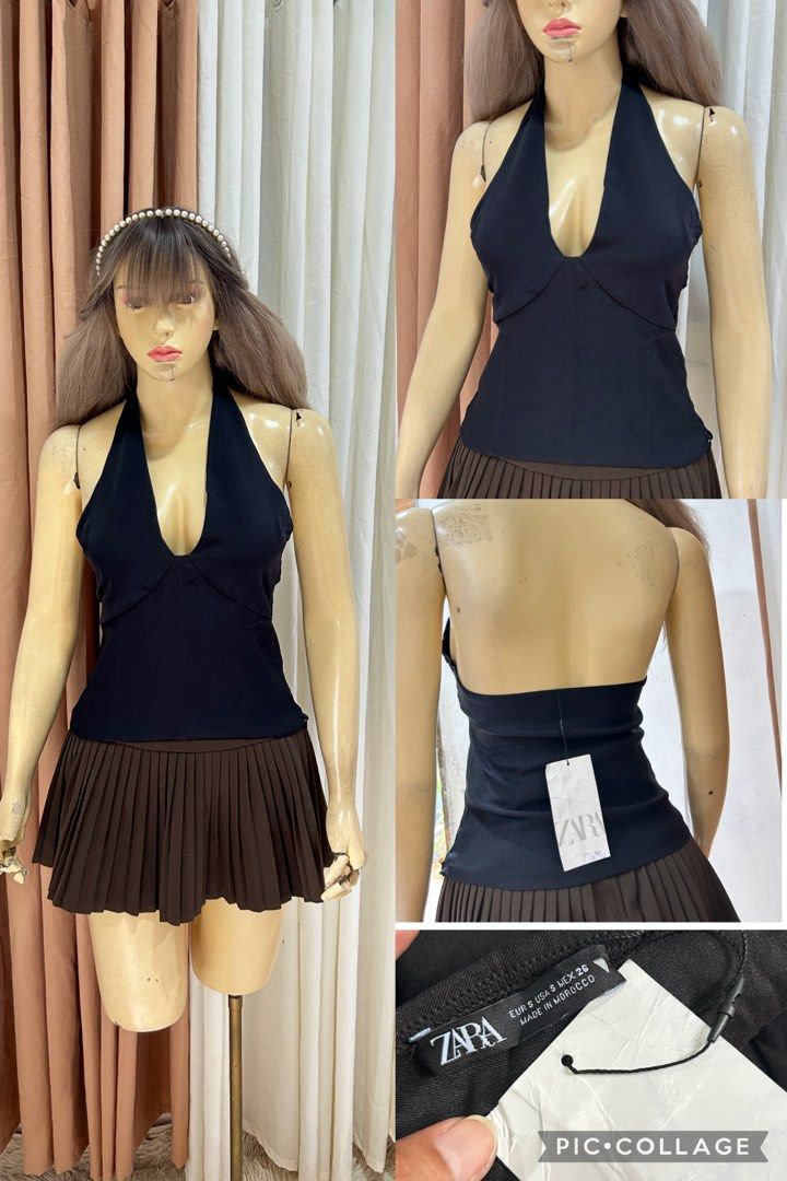Zara Black Halter Top (Category: Sleeveless) located in Cebu City. Submitted by ontrendclxncebu (Listing ID 1467859280, Image 1). Description: - Brand: Zara - Style: Black halter top with deep V-neck and open back - Fit: Structured underbust seam, Size S (EUR S, USA S, MEX 26) - Condition: Brand new with original tag attached - Origin: Made in Morocco.