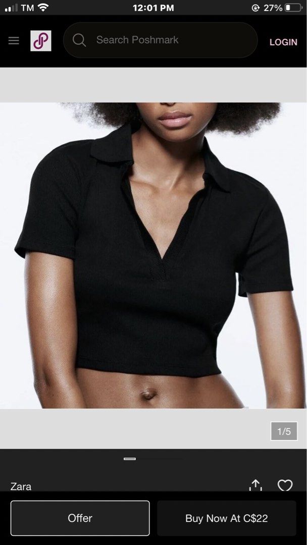 Zara Black Ribbed Collared Crop Top Size Small (19x20) (Category: Sleeveless) located in Calapan. Submitted by shakalak (Listing ID 1467892183, Image 1). Description: - Brand: Zara Small -Runs big ( 19 x20 - Style: Black ribbed crop top with short sleeves and open collar V-neck - Perfect basic piece for pairing with high-waisted jeans or skirts.