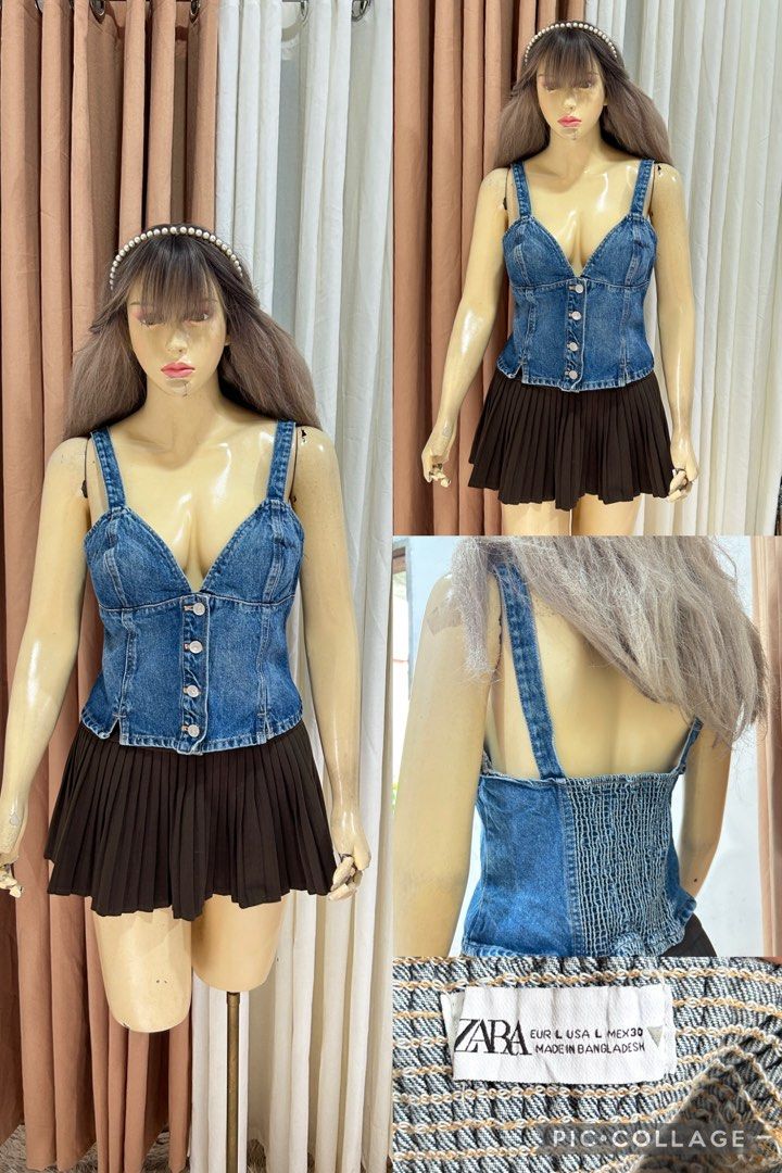 Zara denim corset top size L (Category: Sleeveless) located in Cebu City. Submitted by ontrendclxncebu (Listing ID 1467859146, Image 1). Description: - Brand: Zara - Style: Denim bustier top with V-neckline - Color: Classic blue wash - Details: Contrast front button closure and thick shoulder straps - Fit: Smocked elastic panel in the back for extra stretch and comfort - Size: Large - Condition: Clean and well-maintained.