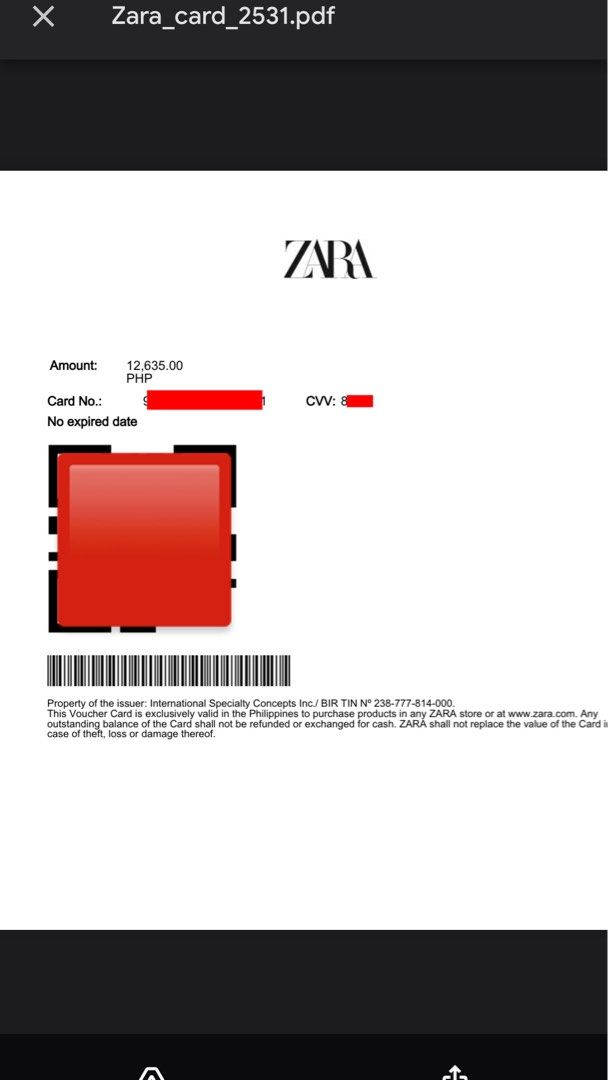 Zara E-Voucher worth ₱12,635 (Category: Vouchers) located in Manila. Submitted by jodi.declutters (Listing ID 1467923373, Image 1). Description: - Value: ₱12,635.00 - Usage: Redeemable at any Zara store nationwide or online at zara.com - Card number and CVV will be provided securely - Validity: No expiration date - Note: Non-refundable and cannot be exchanged for cash Received this as a refund for a returned online order. The refund was supposed 