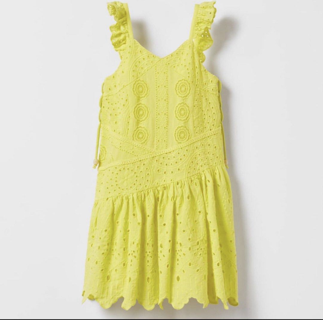 Zara Eyelet Ruffle Summer Dress (Category: Babies & Kids Fashion) located in Antipolo. Submitted by water.mellie (Listing ID 1467866835, Image 1). Description: - Brand new and authentic Zara dress, purchased from store for 2k+. Perfect brand new condition without flaws. - Size 11-12y, true to size - Bright yellow lightweight cotton dress - All-over intricate eyelet lace embroidery - Adorable ruffle shoulder straps - Trendy lace-up details along t