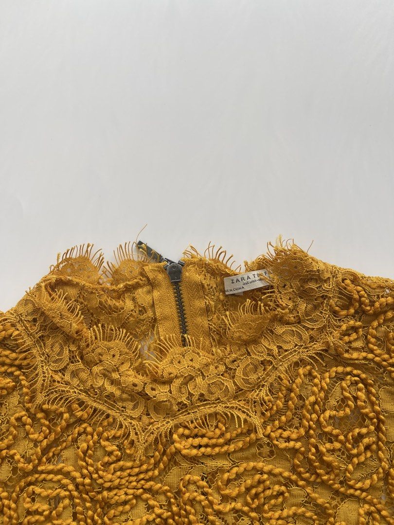 Zara Mustard Lace Top (Category: Blouses) located in Bacolod City. Submitted by euniceclothing_coph (Listing ID 1467855489, Image 2). Description: Like new 10/10 Once used Zipback.