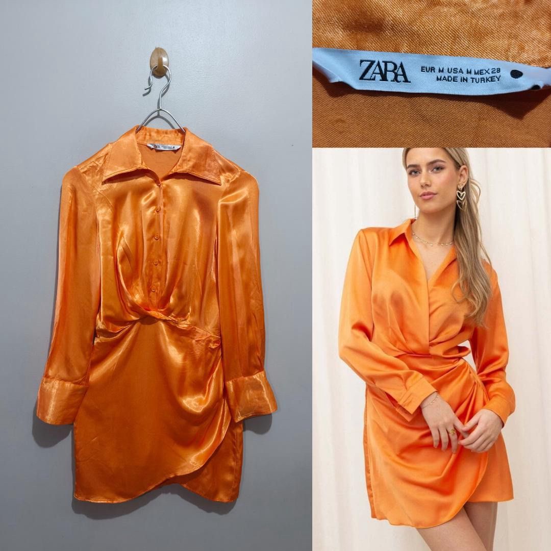 ZARA OVERLAP TWISTED SATIN DRESS (Category: Dresses) located in Quezon City. Submitted by fashionblvdph02 (Listing ID 1467954370, Image 1). Description: med on tag; fits up to semi large waist 28-32”; length 36” with side zip gathered back waist CLASSY when worn.