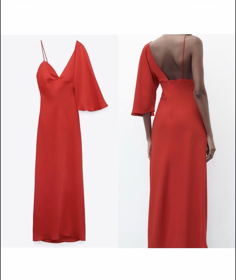 ZARA Red Elegant Asymmetric Dress (Category: Evening dresses & gowns) located in Manila. Submitted by ccollection_ (Listing ID 1468016306, Image 3). Description: Brandnew withour tag Xsmall on tag, fits up to semi small size.