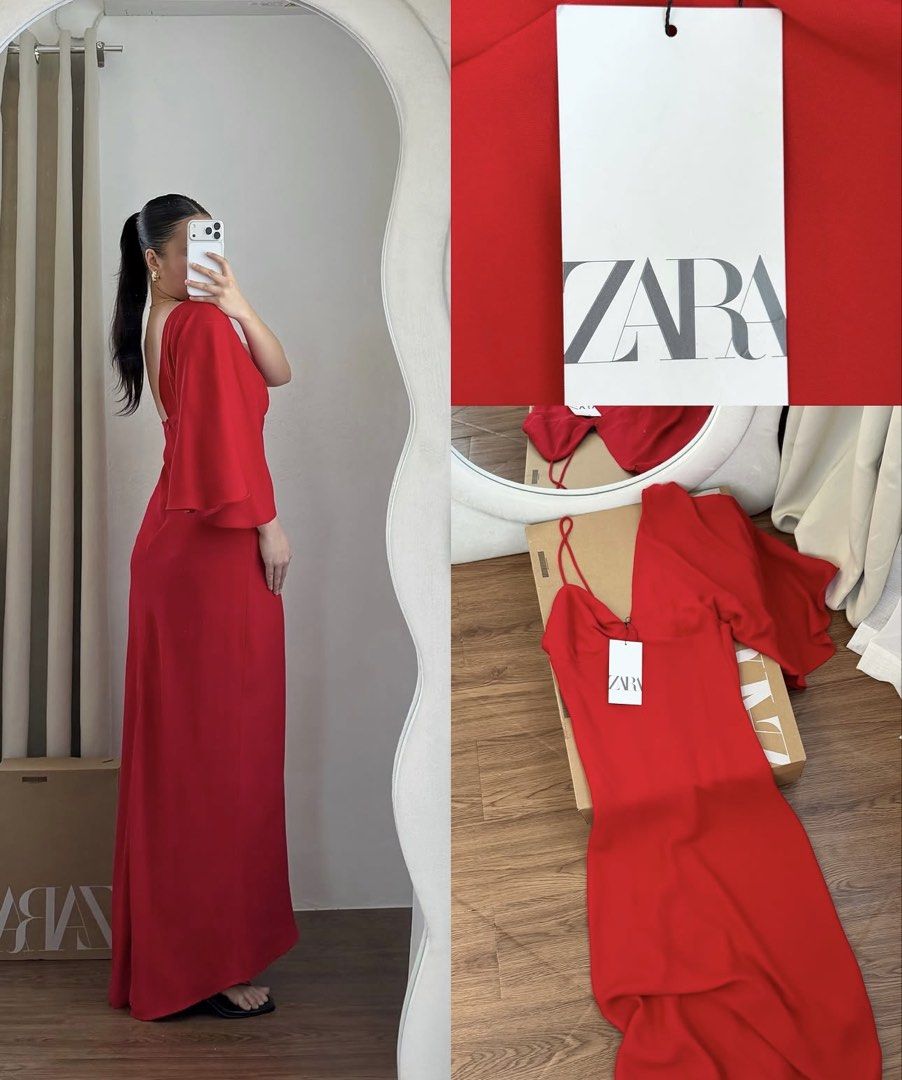 ZARA Red Elegant Asymmetric Dress (Category: Evening dresses & gowns) located in Manila. Submitted by ccollection_ (Listing ID 1468016306, Image 2). Description: Brandnew withour tag Xsmall on tag, fits up to semi small size.