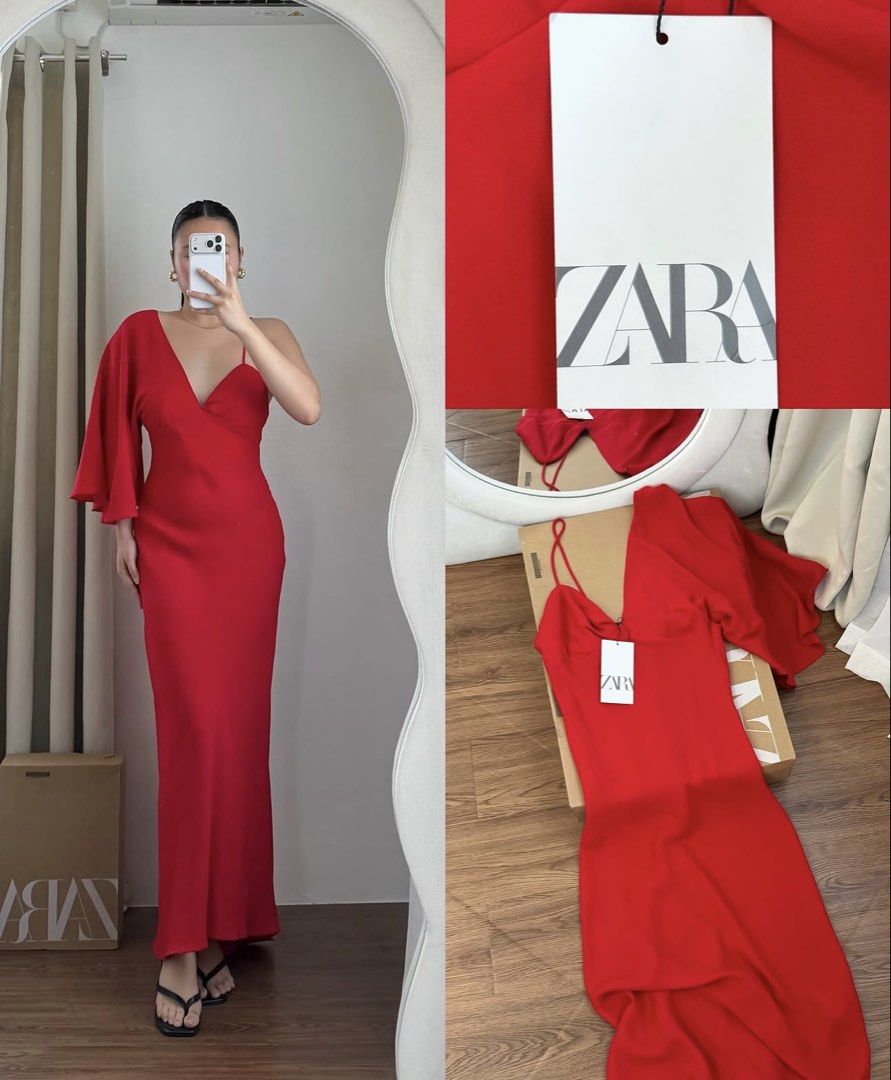 ZARA Red Elegant Asymmetric Dress (Category: Evening dresses & gowns) located in Manila. Submitted by ccollection_ (Listing ID 1468016306, Image 1). Description: Brandnew withour tag Xsmall on tag, fits up to semi small size.