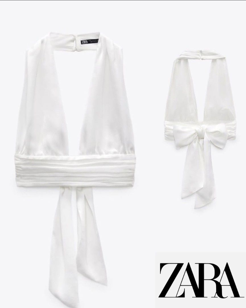 ZARA white satin halter (Category: Others Tops) located in Quezon City. Submitted by rmseller.2017 (Listing ID 1467963045, Image 1). Description: ZARA white satin halter | XS on tag, XS-Semi L (adjustable ribbon tie-around) | P950 only.