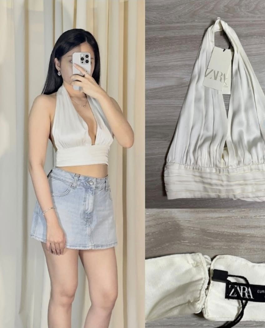 ZARA white satin halter (Category: Others Tops) located in Quezon City. Submitted by rmseller.2017 (Listing ID 1467963045, Image 3). Description: ZARA white satin halter | XS on tag, XS-Semi L (adjustable ribbon tie-around) | P950 only.