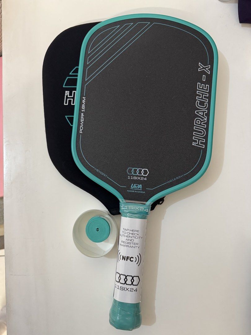 11SIX24 Hurache-X Power 2 (Category: Racket and Ball Sports) located in Quezon City. Submitted by wilburpig (Listing ID 1468147819, Image 2). Description: - Brand: 11SIX24 Hurache-X - Teal and Purple - Condition: Brand new, handle still wrapped in protective plastic with NFC authenticity tag attached - Performance: Power2 16mm core and Hexgrit surface for superior spin and control - Extras: Includes extra grip tape and edge tape - Mode of transac