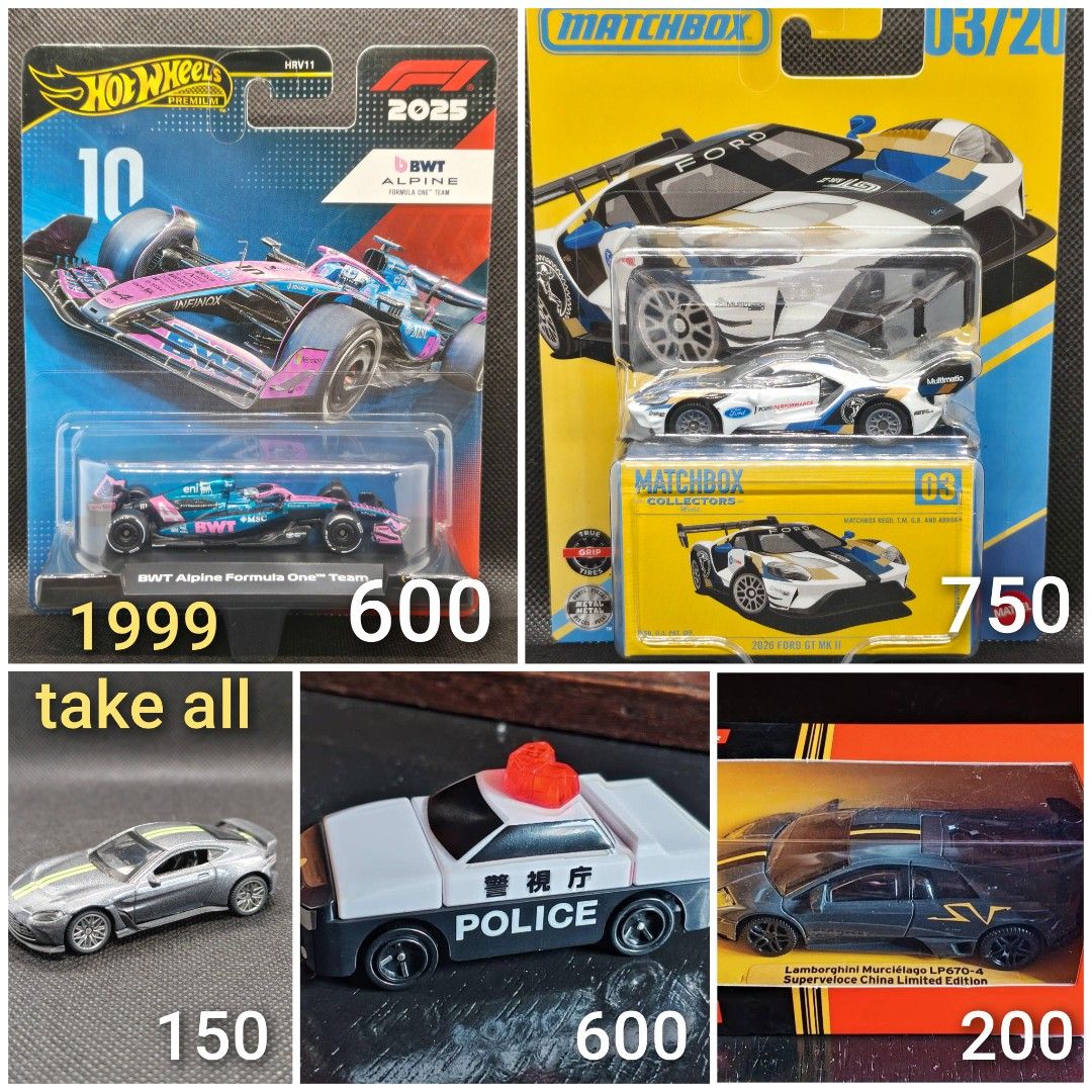 1:64 Hot Wheels Matchbox Diecast Car Collection Assorted Models (Category: Vehicle & Diecast Models) located in Rizal. Submitted by kencamara (Listing ID 1468096146, Image 1). Description: - Hot Wheels F1 Alpine racing car - Matchbox Ford GT MK II - Grey sports car - Japanese police patrol car - Lamborghini Murcielago LP670-4 Superveloce China Limited Edition - Various scales and packaging available - Price: ₱1,999 for the entire set - Individual