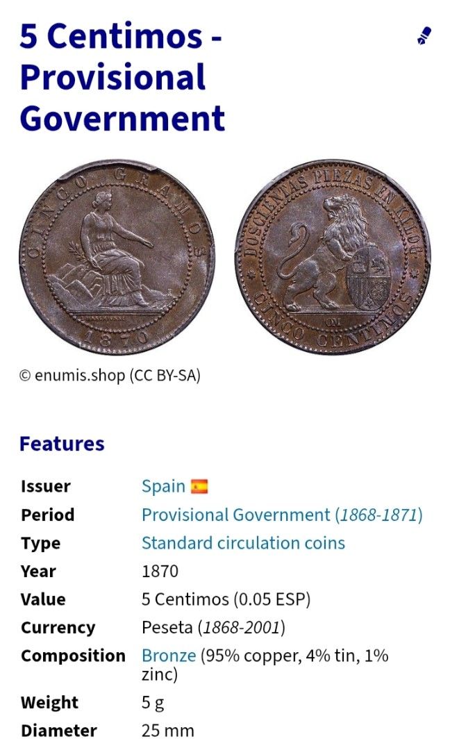 1870 5 Centimos (Category: Currency) located in Manila. Submitted by wildcrystal.3b537c (Listing ID 1468282940, Image 3). Description: .