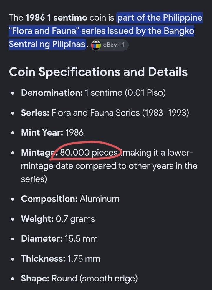 1986 1 Sentimo (Category: Currency) located in Manila. Submitted by wildcrystal.3b537c (Listing ID 1468268672, Image 3). Description: Low mintage Hard to find.