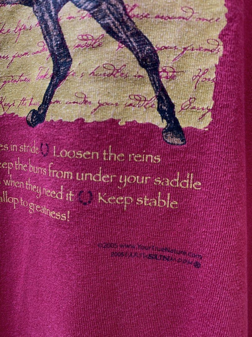 2005 Horse statement tee (Category: Tshirts & Polo Shirts ) located in Cagayan de Oro. Submitted by premium_thrifts (Listing ID 1468174505, Image 3). Description: Burgundy colorway. Good condition. Double stitch on both sleeves and hem Fits XL L28.5" x W23" 22" (shoulder to shoulder) 7.1" (sleeve length) Issue: cut tag, slight fade spots under the graphic, and on some parts Add shipping fee (via JRS or J&T).