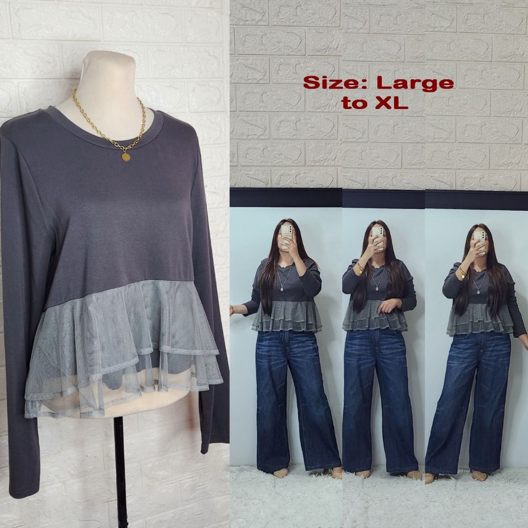 2 Tone Gray Peplum Pullover (Category: Longsleeves) located in Quezon City. Submitted by graciejosue (Listing ID 1468076549, Image 1). Description: Rare piece apparel at a very reasonable price and great condition!!! Washed and ready to wear. Fits Large to XL - Fit: Relaxed fit with a round neckline - Design: Layered tulle ruffle hem - Material: Soft fabric on the main body - Styling: Great to pair with wide-leg denim jeans; easy to dress up or d