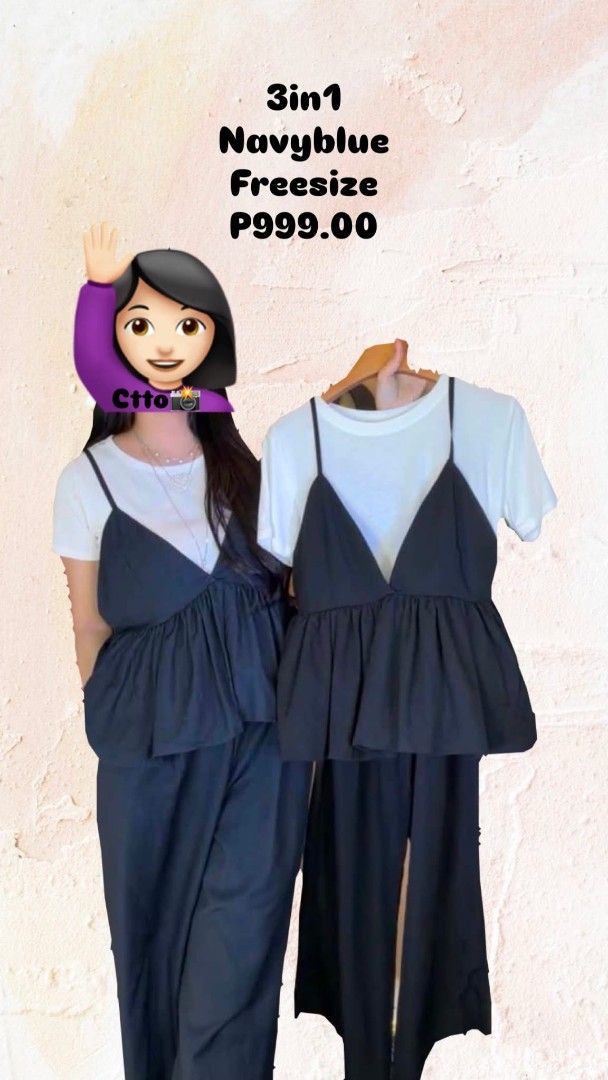 3-in-1 Navy Blue Freesize Outfit Set (Category: Sets or Coordinates) located in Marikina City. Submitted by savemyclosetph (Listing ID 1468246048, Image 1). Description: - Color: Navy blue - Set includes: White top, sleeveless spaghetti strap top, and matching pants - Size: Freesize (fits most body types) - Style: Casual, perfect for everyday wear or casual lakad - Versatile: Easy to wear as a set or mix and match with other closet basics.