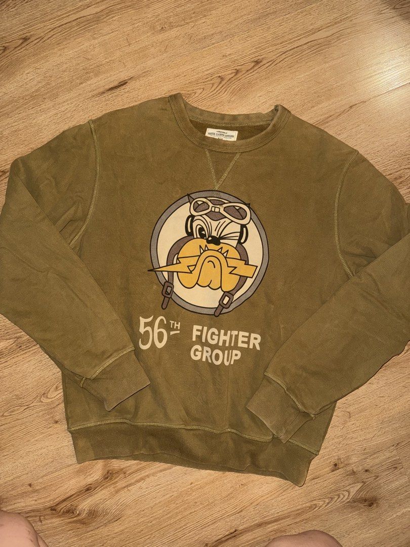 56TH FIGHTER GROUP MILITARY-STYLE SWEATSHIRT (Category: Coats, Jackets and Outerwear) located in Las Pinas. Submitted by coolthreadz (Listing ID 1468178274, Image 1). Description: 🪖 56TH FIGHTER GROUP MILITARY-STYLE SWEATSHIRT 🏷️ Design: Master Clothing Suppliers Graphic Sweatshirt featuring 56th Fighter Group Bulldog Mascot 📏 Size: Large 🎨 Color: Khaki / Olive Green ✨ Details: * Classic crewneck pullover with a vintage military aesthetic * F