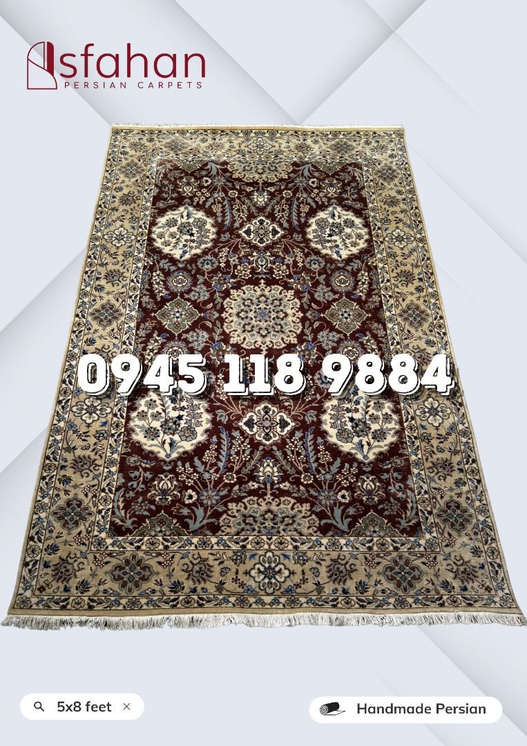 5x8feet Handmade Persian Carpet (Category: Carpets, Mats & Flooring) located in Pasig City. Submitted by isfahan999 (Listing ID 1468132797, Image 1). Description: Quality: Pure Handmade Design: Persian Material: Wool Size: 5x8 feet Disclaimer: Please note that actual product colors may deviate from what is displayed on screen. We highly recommend viewing the products in person. Carpet demonstrations are offered free of charge. Persian carpets, sy